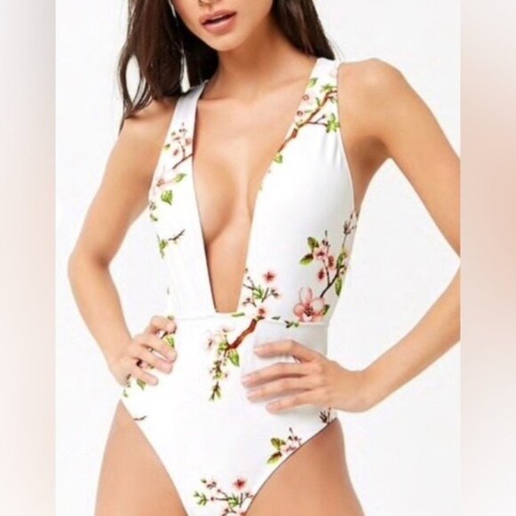 Women's White & Pink Cherry Blossom Plunge V-Neck Open Back Swimsuit Size XS - Picture 1 of 5